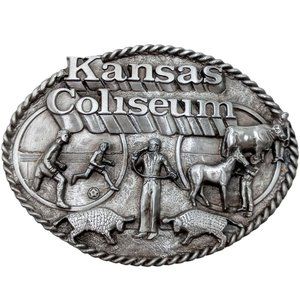 Kansas Coliseum Belt Buckle Scrap Metal Bull Sculptures Soccer Horse Event Vtg